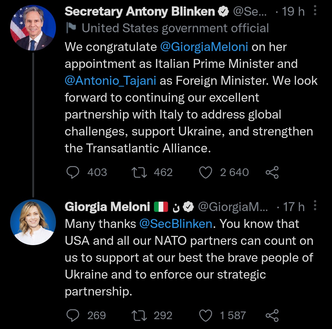 jon_delorraine's tweet photo. INFO 
🇮🇹 Georgia Meloni prenant sa place de première ministre en Italie : 
Confirme son allégeance à l'Otan  et l'Europe 🇪🇺 et notamment pour aider l'Ukraine 🇺🇦
Le bloc européen continue de se confirmer contre la Russie 🇷🇺 https://t.co/EM3xak4wmg