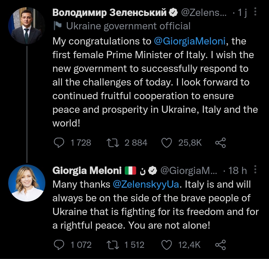jon_delorraine's tweet photo. INFO 
🇮🇹 Georgia Meloni prenant sa place de première ministre en Italie : 
Confirme son allégeance à l'Otan  et l'Europe 🇪🇺 et notamment pour aider l'Ukraine 🇺🇦
Le bloc européen continue de se confirmer contre la Russie 🇷🇺 https://t.co/EM3xak4wmg