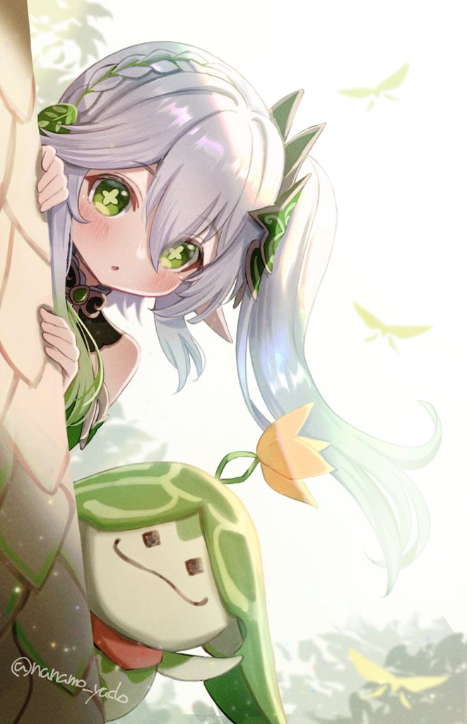 nahida (genshin impact) 1girl peeking out green eyes side ponytail hair ornament pointy ears bangs  illustration images