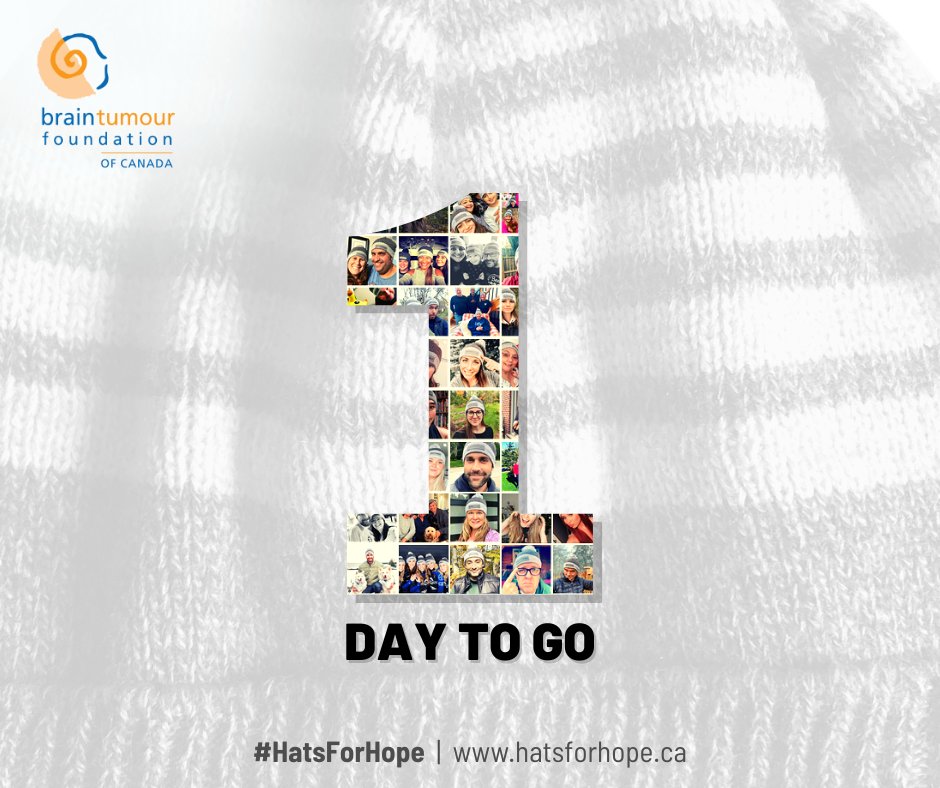 1 day to go! Mark your calendar for Monday, October 24, Brain Cancer Awareness Day 📅! Help raise awareness by ordering a toque and posting a photo on social media that day using the hashtag #HatsForHope. 
➡️ Learn more and order a hat: hatsforhope.ca