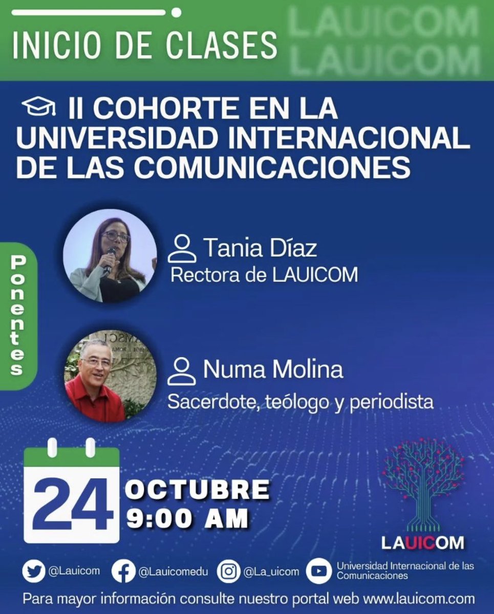Este #24Oct a las 9:00 hora 🇻🇪 comenzará la II cohorte de <a href="/lauicom/">UNIVERSIDAD INTERNACIONAL DE LAS COMUNICACIONES</a> junto a su rectora <a href="/taniapsuv/">Tania Valentina Díaz</a> y el padre <a href="/numamolina/">numa molina</a> quienes realizarán una ponencia para darle la bienvenida a los nuevos alumnos.

<a href="/dcabellor/">Diosdado Cabello R</a> 
<a href="/PartidoPSUV/">PSUV</a> 
#VenezuelaAmorYPaz 
#23Oct
