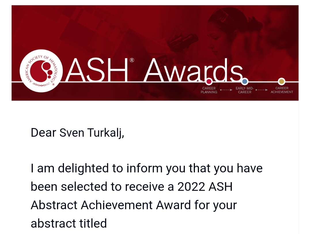 Delighted and honoured to receive the ASH Abstracts Achievement Award for our oral presentation at this year's @ASH_hematology meeting! Very grateful for the mentorship @pvyas_oxford and to my fantastic colleagues at the @MRC_WIMM. This was a true team effort! #ASH22