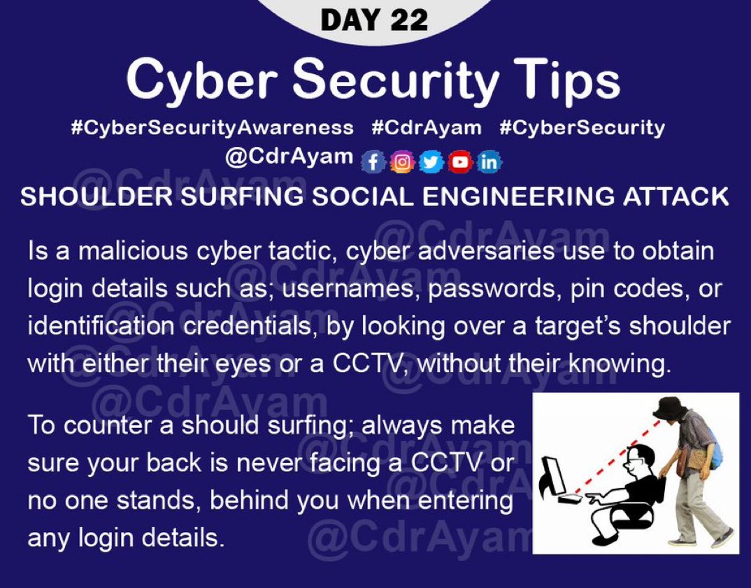 ComendadorMBF's tweet photo. Day22/31 #Tip22 SHOULDER SURFING SOCIAL ENGINEERING ATTACK #CyberSecurity Tip by @CDR_Ayam
#CybersecurityAwarenessMonth #CyberSecMonth #infosecurity #informationsecurity #infosec #cyberattacks #DeepLearning #cybersecuritytips #IoT #CyberSecurityAwareness #DevOps #Python https://t.co/je2HS31o8n