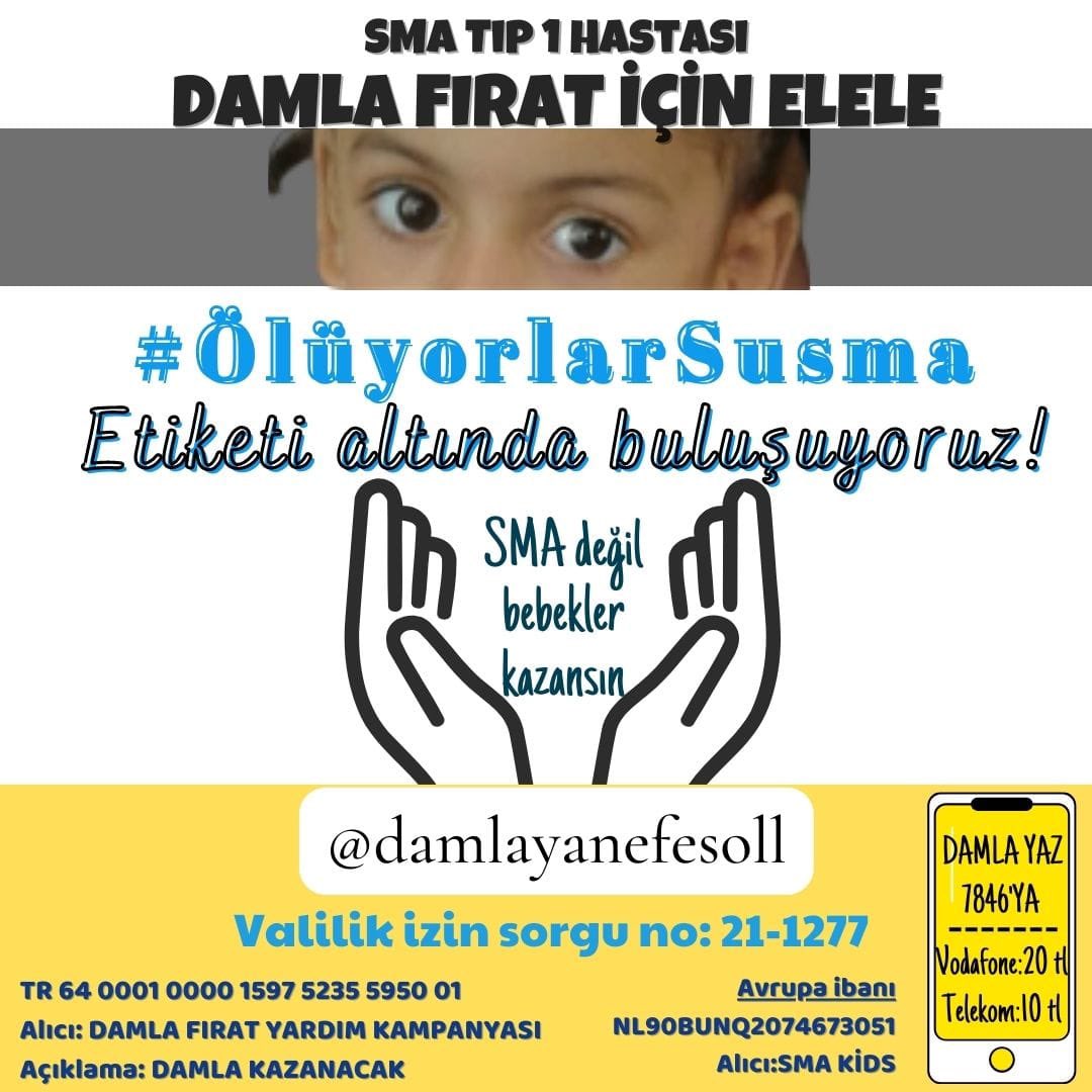 Bir Damla İle Damlayı Kurtarır 🍧💙 10 Aylık ve %1 olan kampanyamız için SİZE ÇOK İHTİYACIMIZ VAR! Alıcı: DAMLA FIRAT YARDIM KAMPANYASI İBAN: TR 64 0001 0000 1597 5235 5950 01 Valilik İzin Sorgu No:21-1277-Leyla Fırat SMS: DAMLA - 7846 #ÖlüyorlarSusma #Pazar #damlayanefesol