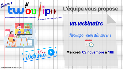 La saison 7 de #twoulipo se prépare et donne rendez-vous aux nouveaux le mercredi 9 novembre pour un webinaire de découverte du dispositif ! 
Tous les néoinscrits ont reçu un mail et si d'autres veulent y participer, vous êtes les bienvenus !