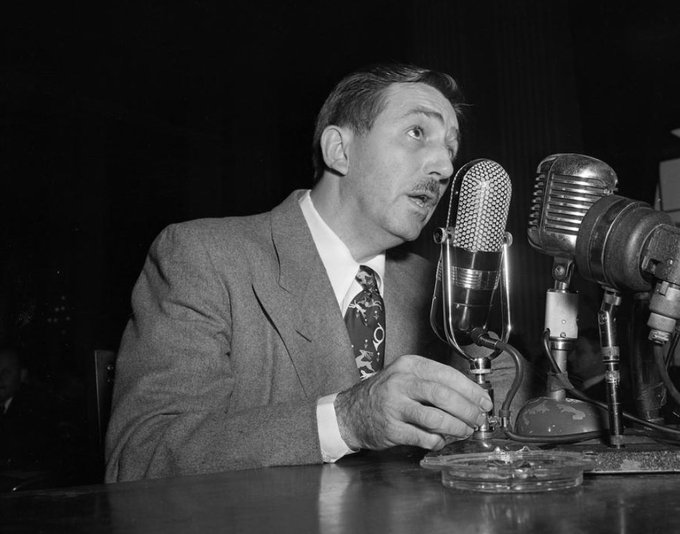 Walt Disney replies to questions from the House Un-American Activities Committee during a hearing of the Communist probe in Washington, D.C. on this date October 24 in 1947. Photo: AP. #OTD
