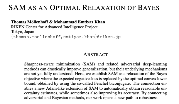 EmtiyazKhan's tweet photo. New work with @tmoellenhoff showing that SAM's max-loss is the *best* convex upper bound to Bayes' expected-loss. This is then used to derive an Adam-style extension of SAM to estimate uncertainty for free.
https://t.co/oGBotfMK9W
The work took 2 yrs, and it's my favorite! 1/13 https://t.co/mI1DKax9g1