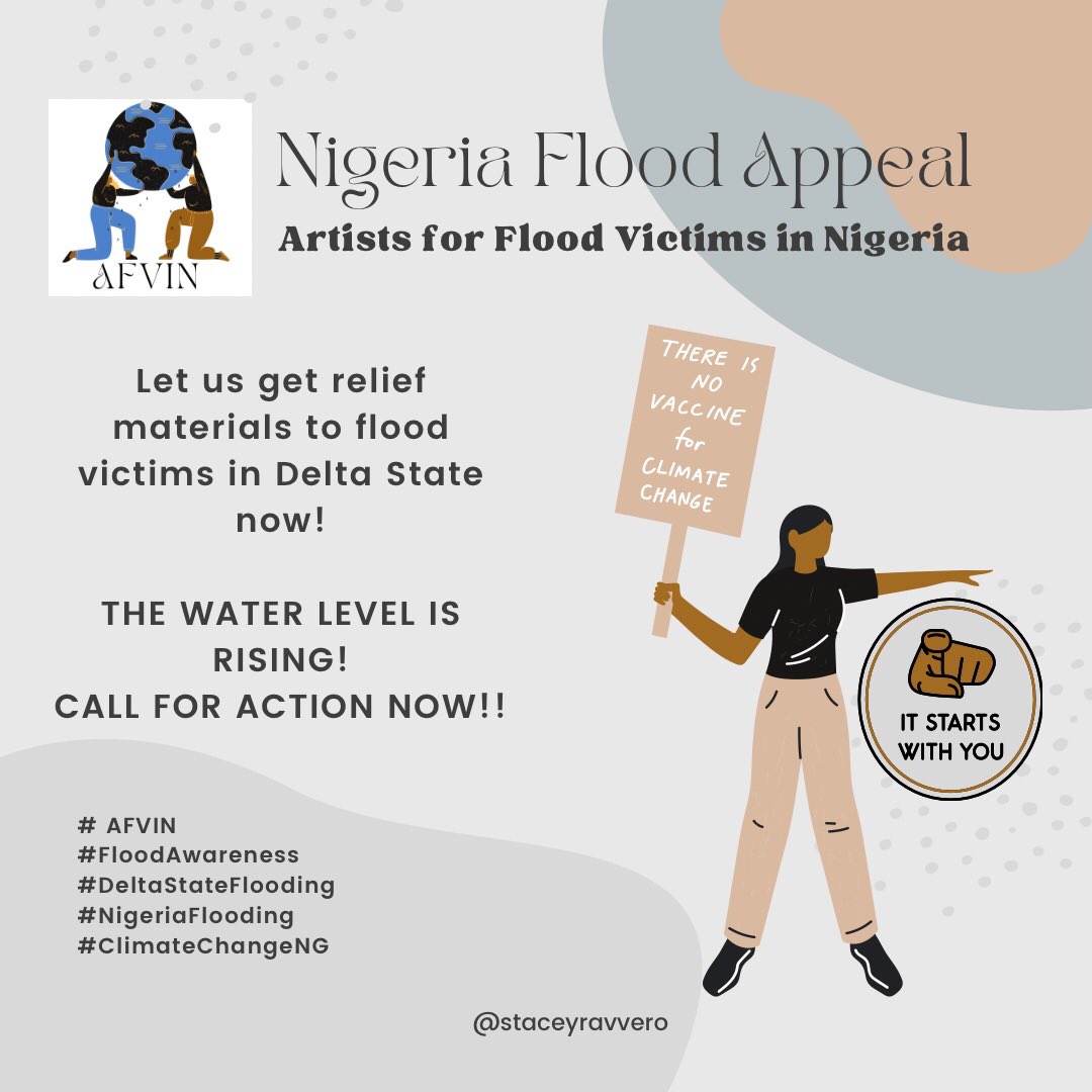 Staceyravvero's tweet photo. Let’s get relief supplies to those in need in Delta State!
RT please 🙏🏾
#AFVIN #FloodingInNigeria #FloodVictimsInDelta #DeltaStateFlooding #ClimateChangeNG
#NigeriaFlooding https://t.co/8zvLu3zk0z