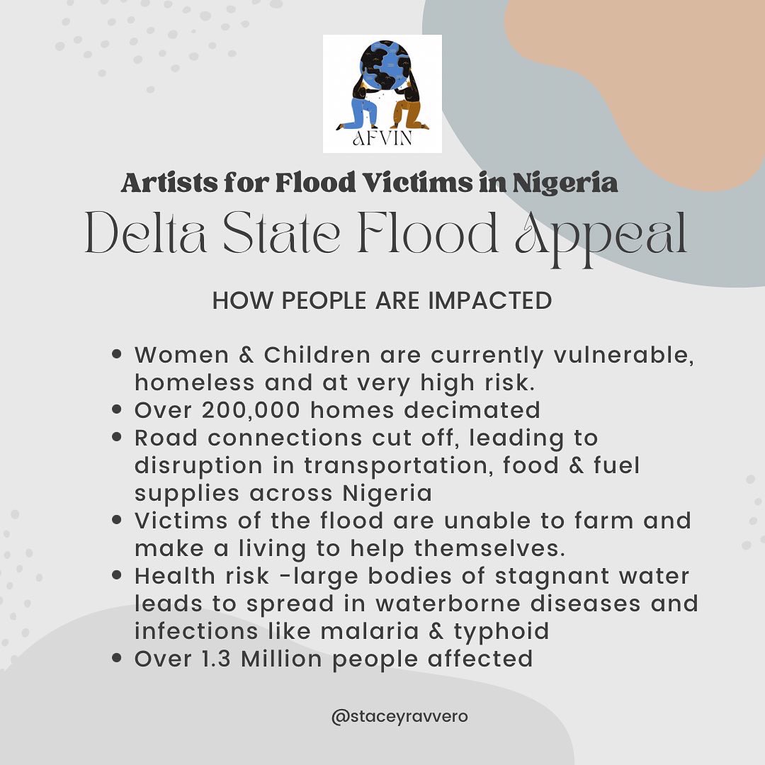 Staceyravvero's tweet photo. Let’s get relief supplies to those in need in Delta State!
RT please 🙏🏾
#AFVIN #FloodingInNigeria #FloodVictimsInDelta #DeltaStateFlooding #ClimateChangeNG
#NigeriaFlooding https://t.co/8zvLu3zk0z