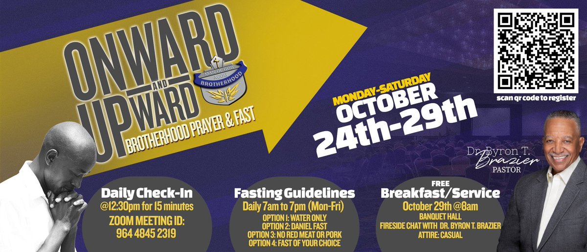 TravisANewsome's tweet image. Tomorrow, the men of our church start a 5 day fast, w/ 15 min Zoom meetings each day. This Saturday, we'll break the fast together w/ a free breakfast @ 8am &amp;amp; a prayer service that will be streamed live @ 9:45am. We're expecting revival. All men are welcome. Register w/ QR code.