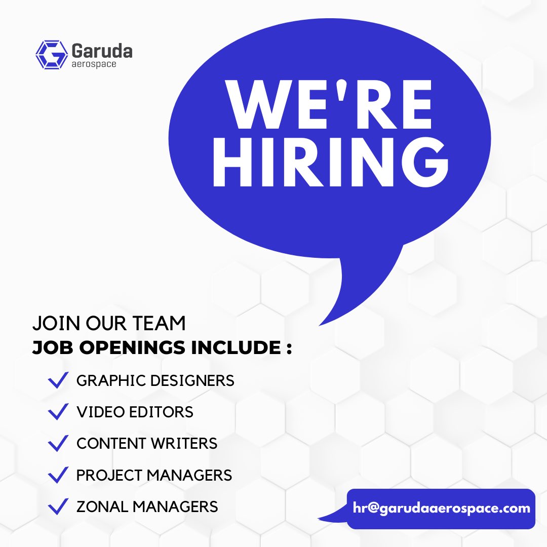 garuda_india's tweet photo. Weβre hiring so hit us up if you think youβre the one for us.
Send us your resume to hr@garudaaerospace.com
#hiring #nowhiring #chennai #india #projectmanager #zonalmanager #videoeditor #contentwriter #graphicdesigner #garudaaerospace #drones https://t.co/5B0sS8gdNj