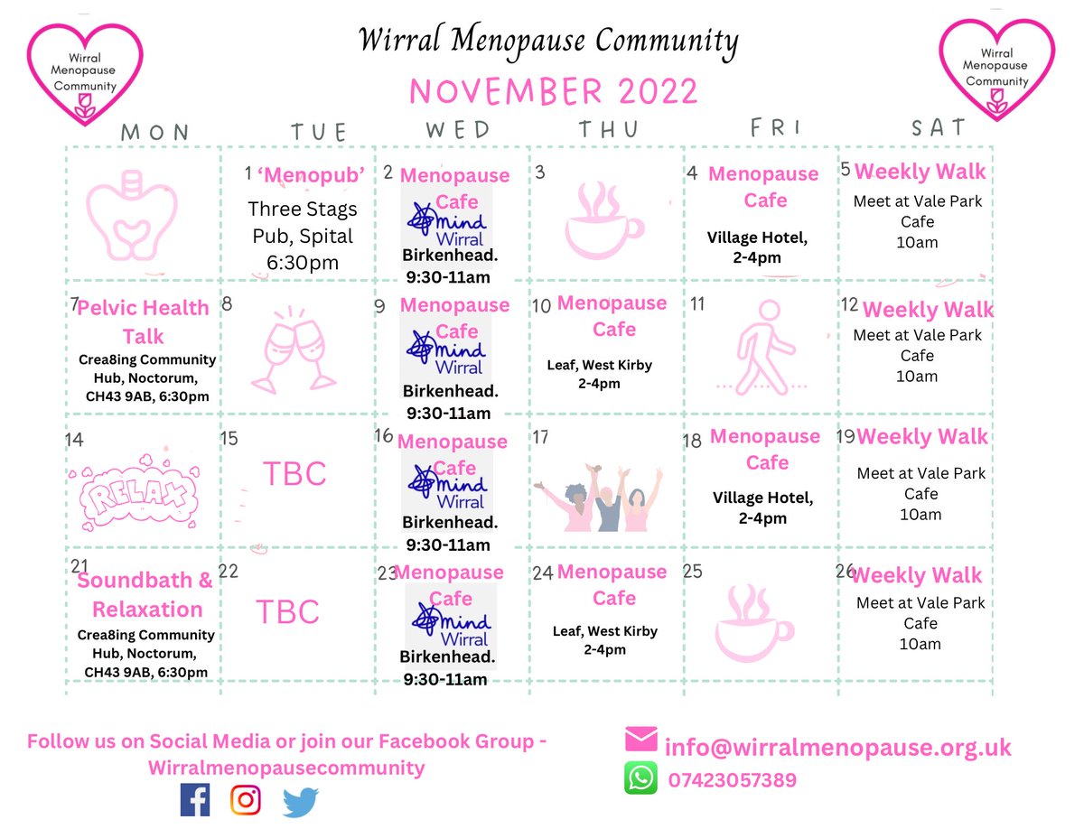 wirralmenopause's tweet photo. This months meet ups! Pop along but booking essential for the Soundbath due to limited spaces! #wirralmenopause #wirralmenopausecommunity #menopause #menopausecafe https://t.co/L4myZzzran