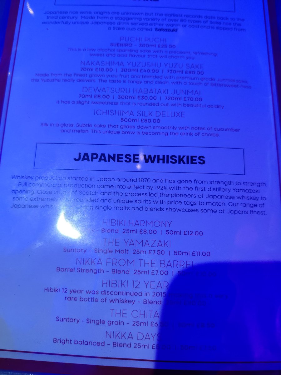 NNWhisky's tweet photo. Went out out for the first time in forever and was pleasantly surprised to find @FomoCoventry with a Sake and Japanese Whisky menu. Sorry for shoddy camera work, we'd had a few 🤣 https://t.co/INt5YYbYoQ