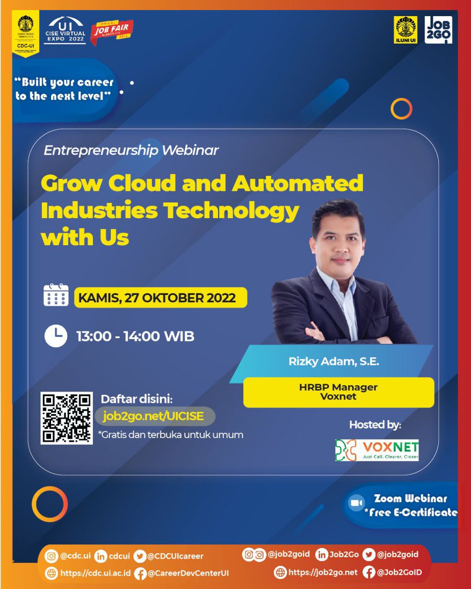 alumniUI's tweet image. Topik: Grow Cloud and Automated Industries Technology with Us
Pembicara:
- Rizky Adam, S.E. (HRBP Manager)
Hari/tanggal: KAMIS, 27 OKTOBER 2022
Waktu: 13:00 - 14:00 WIB
Media: Zoom Webinar
Link pendaftaran: job2go.net/UICISE