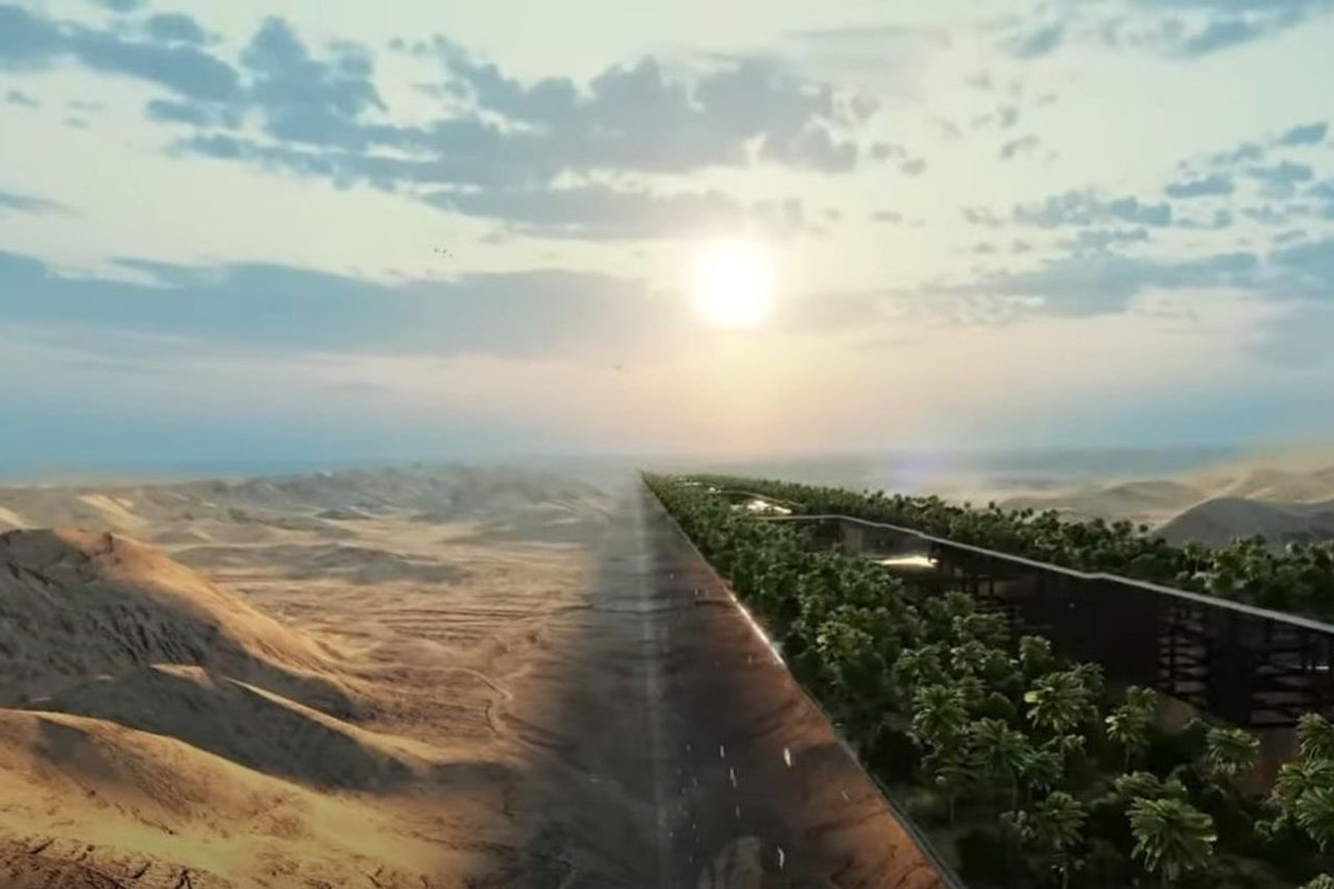 latestinspace's tweet photo. NEWS 🚨: Saudi Arabia has already  begun construction on its 106 mile-long megacity structure, "The Line” https://t.co/8tj3WHXfwZ