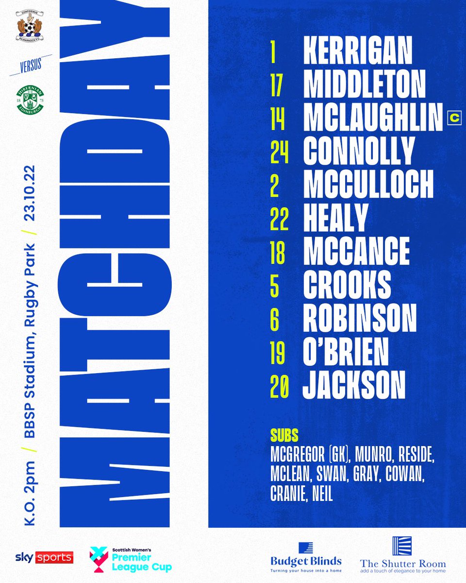 KilmarnockWFC's tweet photo. 𝙏𝙀𝘼𝙈 𝙉𝙀𝙒𝙎 |📄

Here is your Kilmarnock lineup for todays @SWPL #SkySportsCup Quarter Final against @HibernianWomen 

Same starting XI as last week at St Johnstone 

CMON KILLIE🔵⚪️ https://t.co/6reLF35mn1