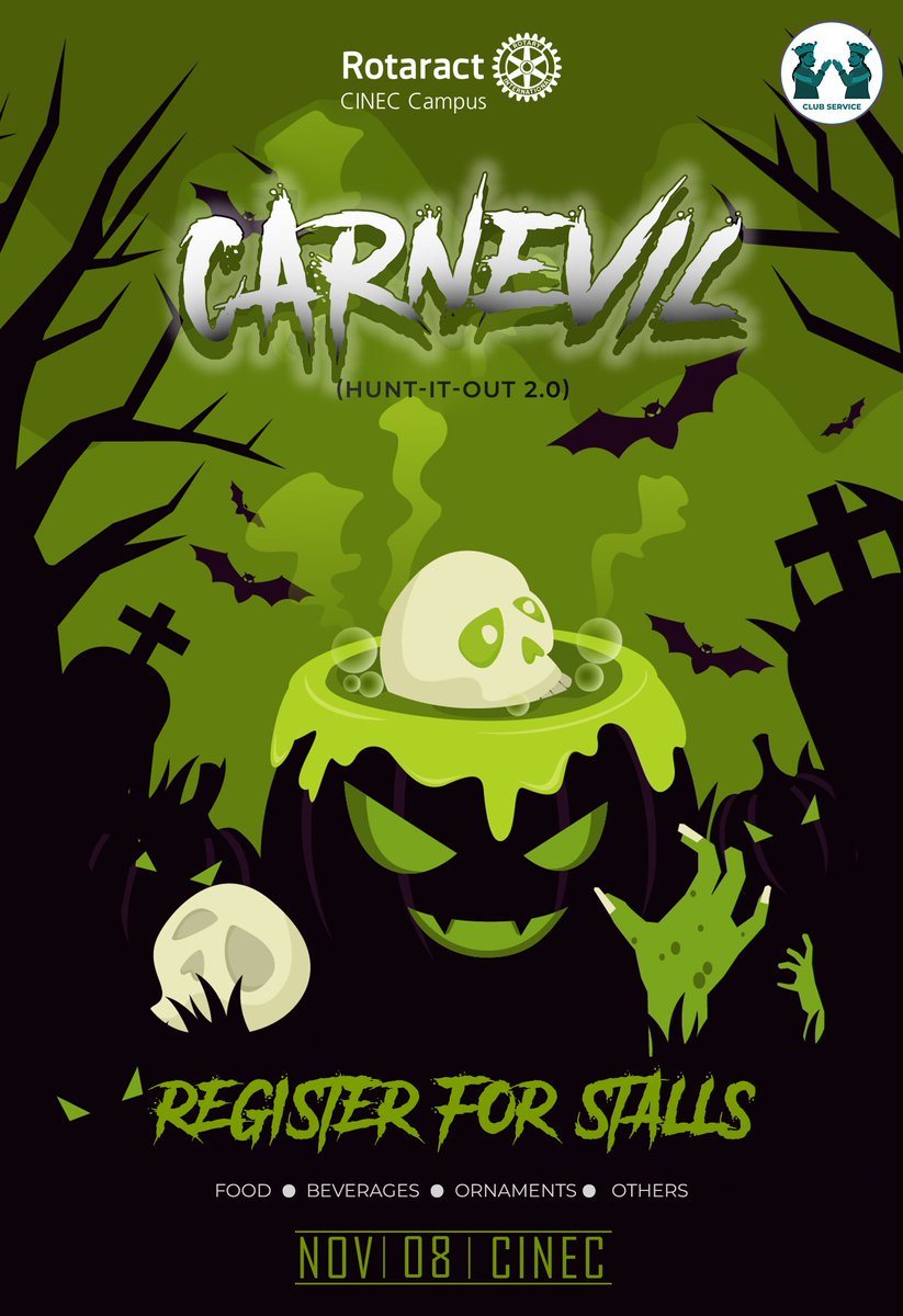 *CarnEvil* 🔥🎃 

 *Registrations for stalls are open now!* 👻👋

Hey♥️🧛‍♂️ 

⭕ *Please use the below link to reserve your stall in CarnEvil* 🎪🎡   

docs.google.com/forms/d/e/1FAI… 

🔸️Registrations will be closing on the 02nd of November  ⌛

It's time to let the monsters loose.
