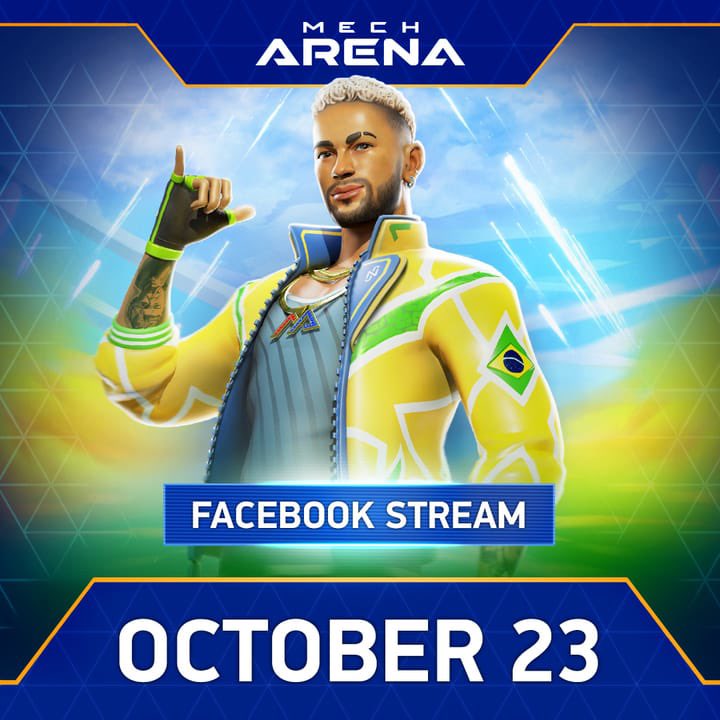 Have you played with my new #mecharenaxneymarjr Pilot yet ?!
Join my #mecharena live stream TODAY and watch me and my team do some major damage !
If you still don’t have my pilot, you can join the FREE #pilotchase at mecharena.gg and get him after 7 days of log in !