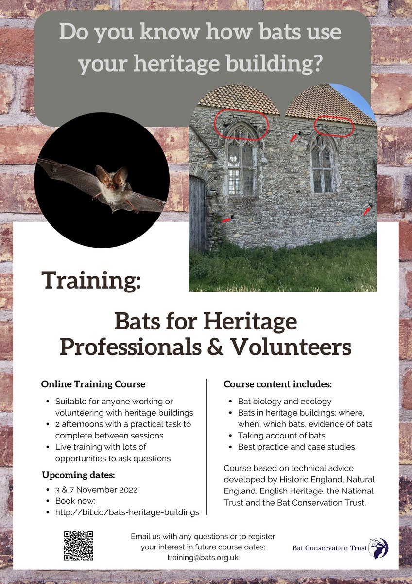 Do you know how bats use your heritage building?
Online training course - valuable CPD for anyone working with historic buildings
2 afternoons: 3 &amp; 7 November
Details: bats.org.uk/our-work/train…
Pls share <a href="/HeritageAdvice/">HE Heritage Advice</a> <a href="/HistoricEngland/">Historic England</a> @SPAB1877 <a href="/nationaltrust/">National Trust</a> <a href="/BatsinChurches/">Bats in Churches</a>