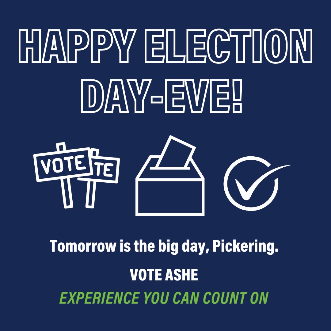 KevinAshe4Mayor's tweet photo. Happy Election Day-Eve! Tomorrow is the big day, Pickering. Vote for Ashe, the experience you can count on.

#CountOnKevin #KevinAsheForMayor #pickering #mayor https://t.co/MffZBUyXZ7