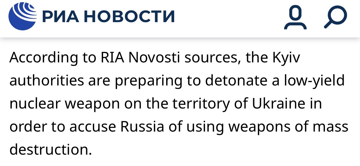 Russia MOD claims Ukraine might use “dirty bomb” & RIA claims “sources” say Ukraine is “preparing to detonate a low-yield nuclear weapon” in Ukraine “in order to accuse Russia of using weapons of mass destruction.” Disinformation (like lab claim) but with false flag undertones.