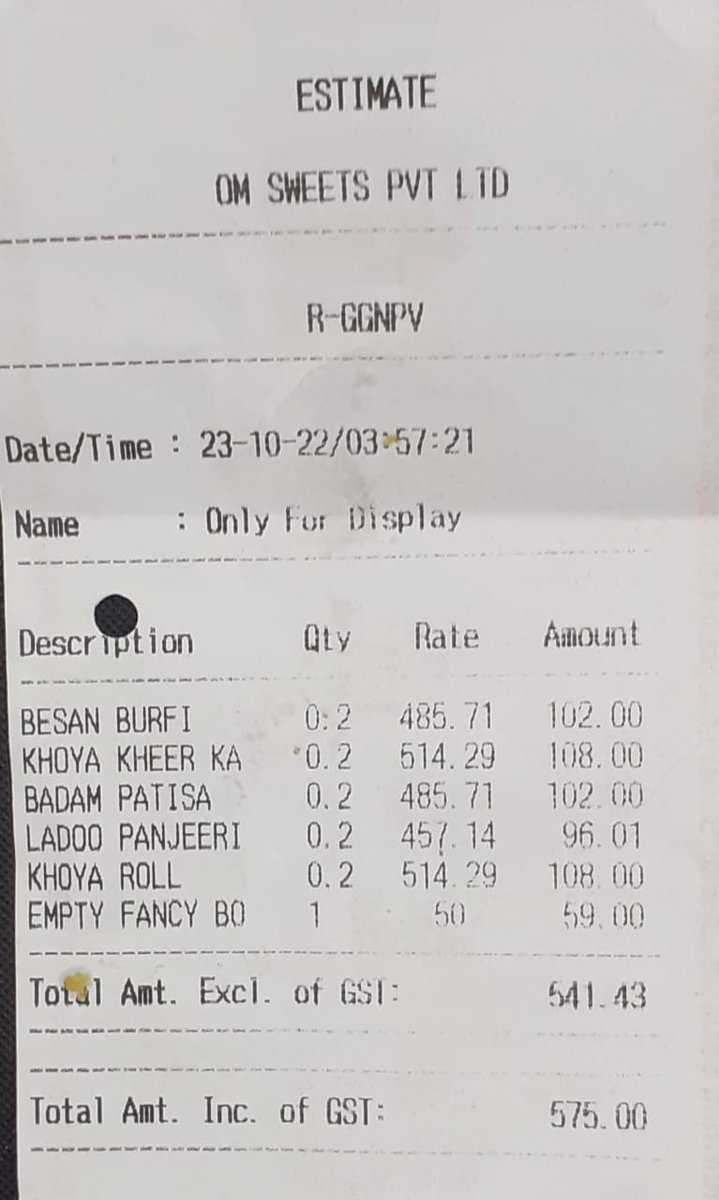 Today I bought Sweets from #Om_Sweets, Opp. Ansal Corp. Plaza, #Palam_Road, #Gurgaon &amp; was shocked to note that #Rs_50_charged for a #Simple_Packing_Box (worth Rs 10/- max.) in the #Bill (#Copy_Attached)  लाला जी #कहाँ_ले_जाओगे इतनी #लूट_की_दौलत जमा कर के ? <a href="/omsweets1/">omsweets</a> <a href="/omsweets2/">om sweets</a>