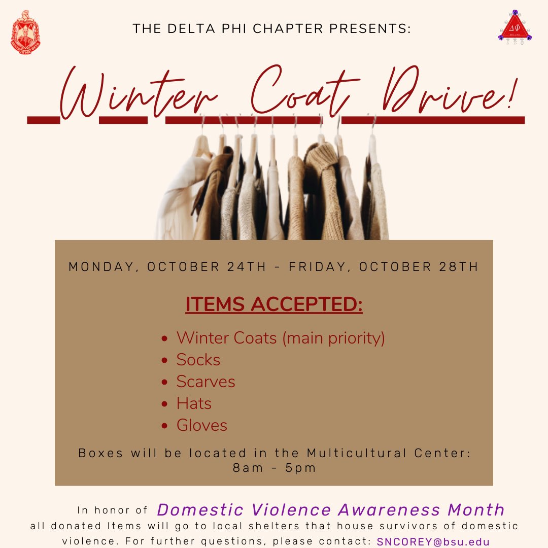 Join the DIVAstating Delta Phi chapter this week in our Winter Coat Drive‼️Starting tomorrow, we will be accepting donations from October 24th - 28th, via the boxes located in the Multicultural Center! All donations are greatly appreciated! ♥️