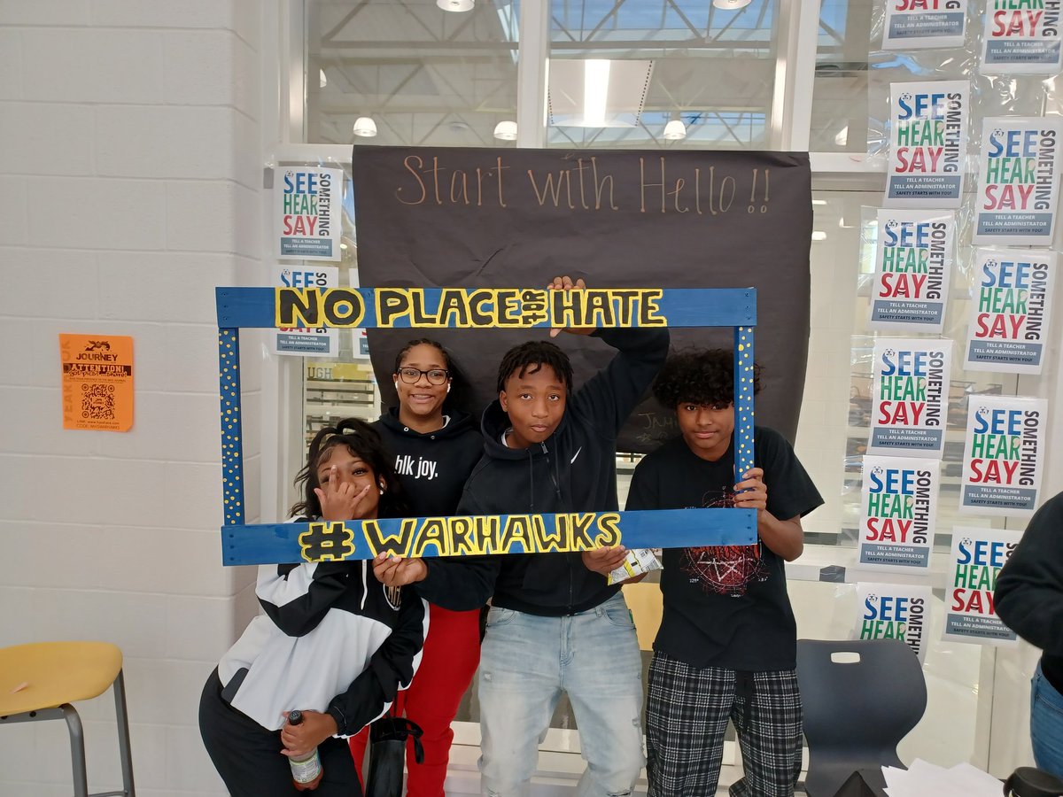 OtissaK's tweet photo. We are building a strong community of scholars who CARE. No place for hate: Start with Hello: See something, Hear something, Say something.  @FredricLatschar @stormer_jessica @MHS_WarHawks @PrincipalBGame https://t.co/MacJ215PTJ
