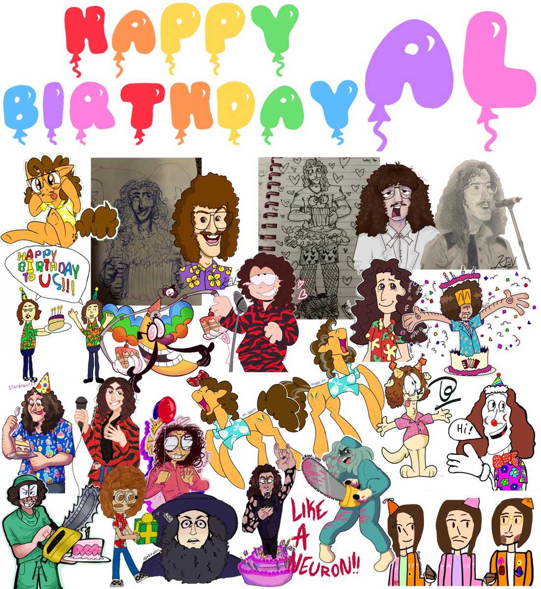froggy_ink1999's tweet photo. HAPPY BIRTHDAY TO @alyankovic! In honor of your 63rd, I and many other fans decided to collaborate on a collage to show our appreciation! We all drew one or more pieces related to you, and I compiled them all onto one canvas! We love you, Weird Al!🪗

Credits are in the comments! https://t.co/5likrZ71Dm