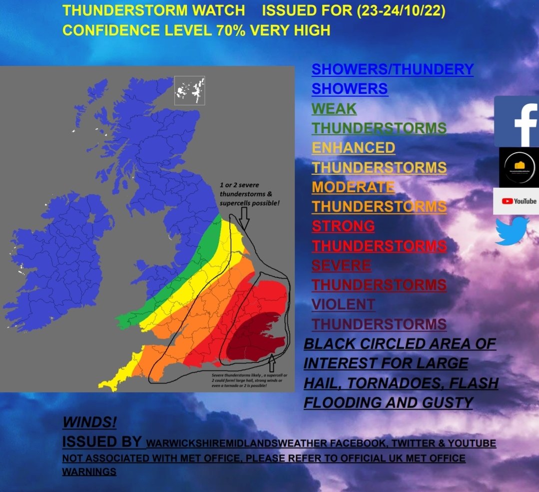 WxMidlands's tweet photo. Thunderstorm watch and convective lightning risk has been issued for tonight and into tomorrow!⚠️⛈️

Severe thunderstorms will develop in the channel aswell as inland across the South and East later today aswell and will likely effect the South, the Midlands, EA &amp; Northeast! https://t.co/43cMnprcdq