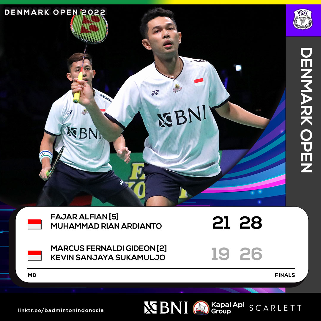 INABadminton's tweet photo. Good game dari Fajar/Rian dan Marcus/Kevin!

Selamat Fajar/Rian atas gelar juara super 750!

Marcus/Kevin juga sudah menampilkan yang terbaik.

SELAMAT UNTUK KEDUANYA. 🇮🇩🇮🇩🇮🇩

AYO TERUS MELOMPAT TINGGI!

#DenmarkOpen2022 https://t.co/SZvFsHh4yP