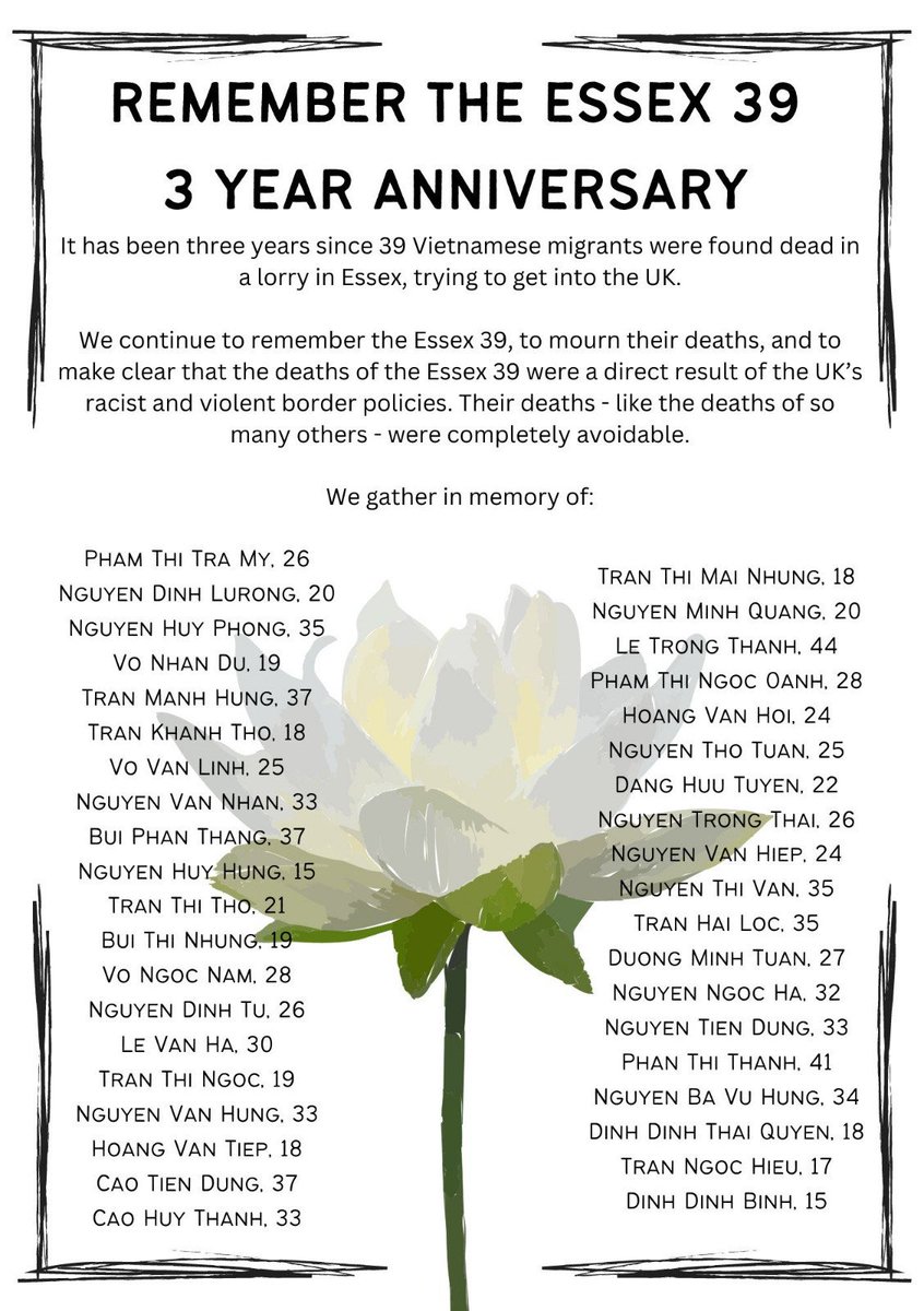 Gathering tomorrow to mark 3 years since 39 people died trying to reach Britain. 5pm at Home Office and 6pm at Buchanan Steps. Full details in images below.