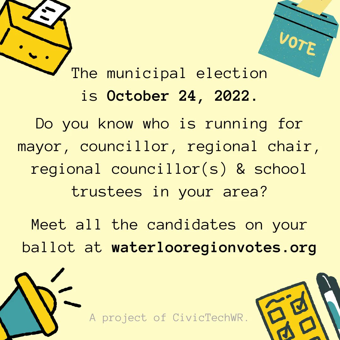 CivicTechWR's tweet photo. Tomorrow is election day! Who do you want to represent you for the next four years?

Meet the candidates on your ballot at https://t.co/FvSbGqDkxa

#wrpoli #watreg #waterlooregion #waterloo #kitchener #cambridge #wilmot #woolwich #northdumfries #wellesley #wrawesome https://t.co/iLOCp67j5p
