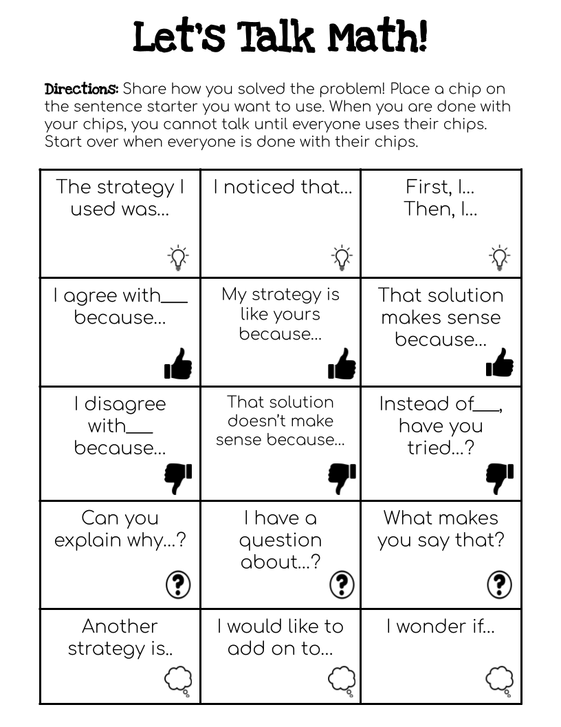 teacher2teacher's tweet image. 💡"The strategy I used was..." 
👍"I agree with..." 
❓ "Can you explain why?" 
💭"I wonder if..." 

How T @MrsBrooksPUSD's Ss discuss their work during #math class: 

#TeacherTwitter