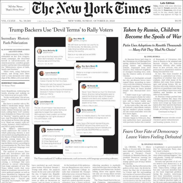 On Page One of today's @nytimes: 'Trump's Backers Use 'Devil Terms' to Rally Voters' @jenmercieca: 'They are using what are called ‘devil terms’ — things that are so unquestionably bad that you can't have a debate about them' nyti.ms/3F2F5HQ