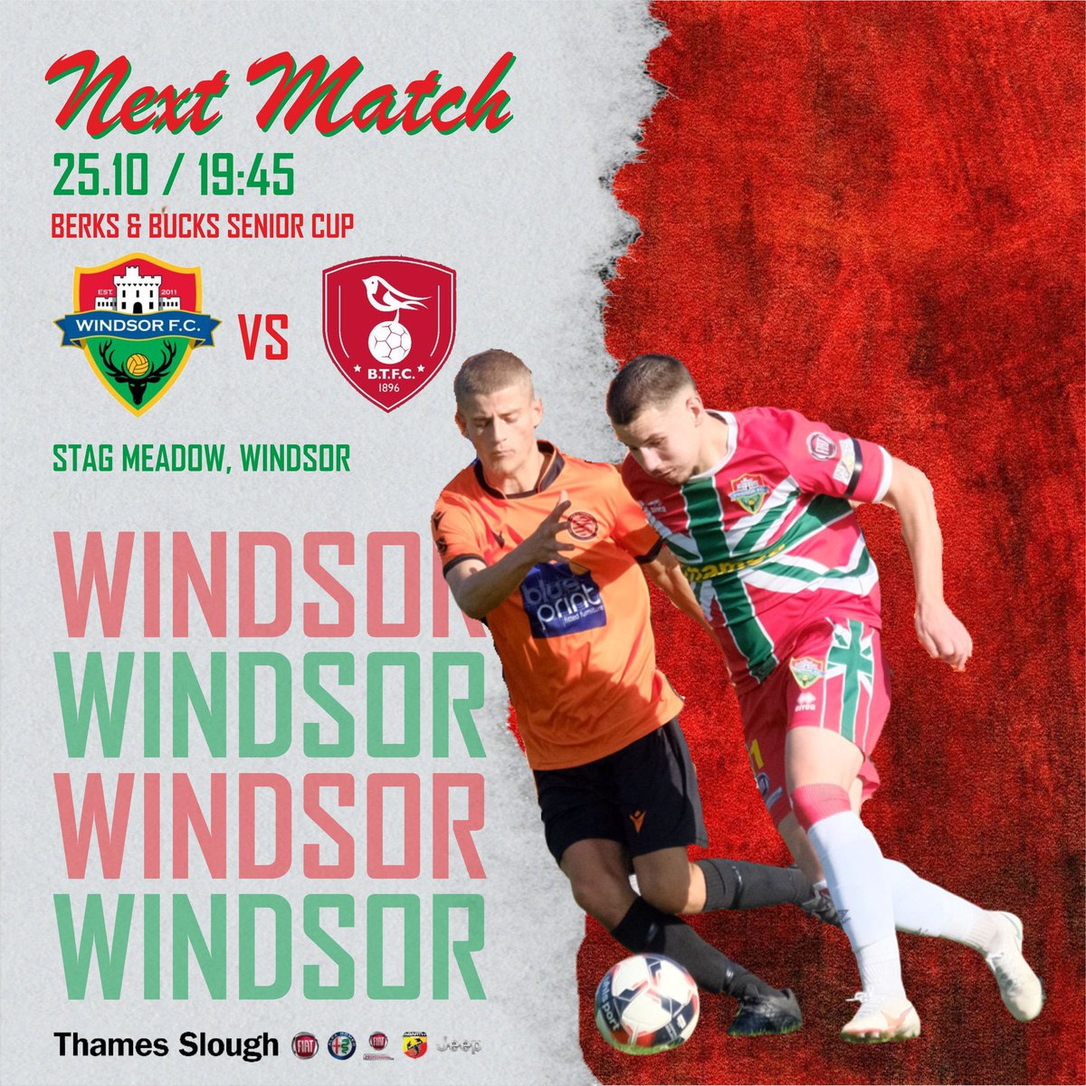 County cup action ✅
Under the lights ✅

📅 - 25/10/22
🕒 - 7:45pm
🆚 - <a href="/BracknellTownFC/">Bracknell Town FC</a> 
🏆 - <a href="/BerksandBucksFA/">Berks & Bucks FA</a> Cup
🎫 - Adults £7.50 - Concessions £4.50
📍 - Stag Meadow, SL4 3DR

A reminder that it’s card payments only throughout the club

🟥🟩