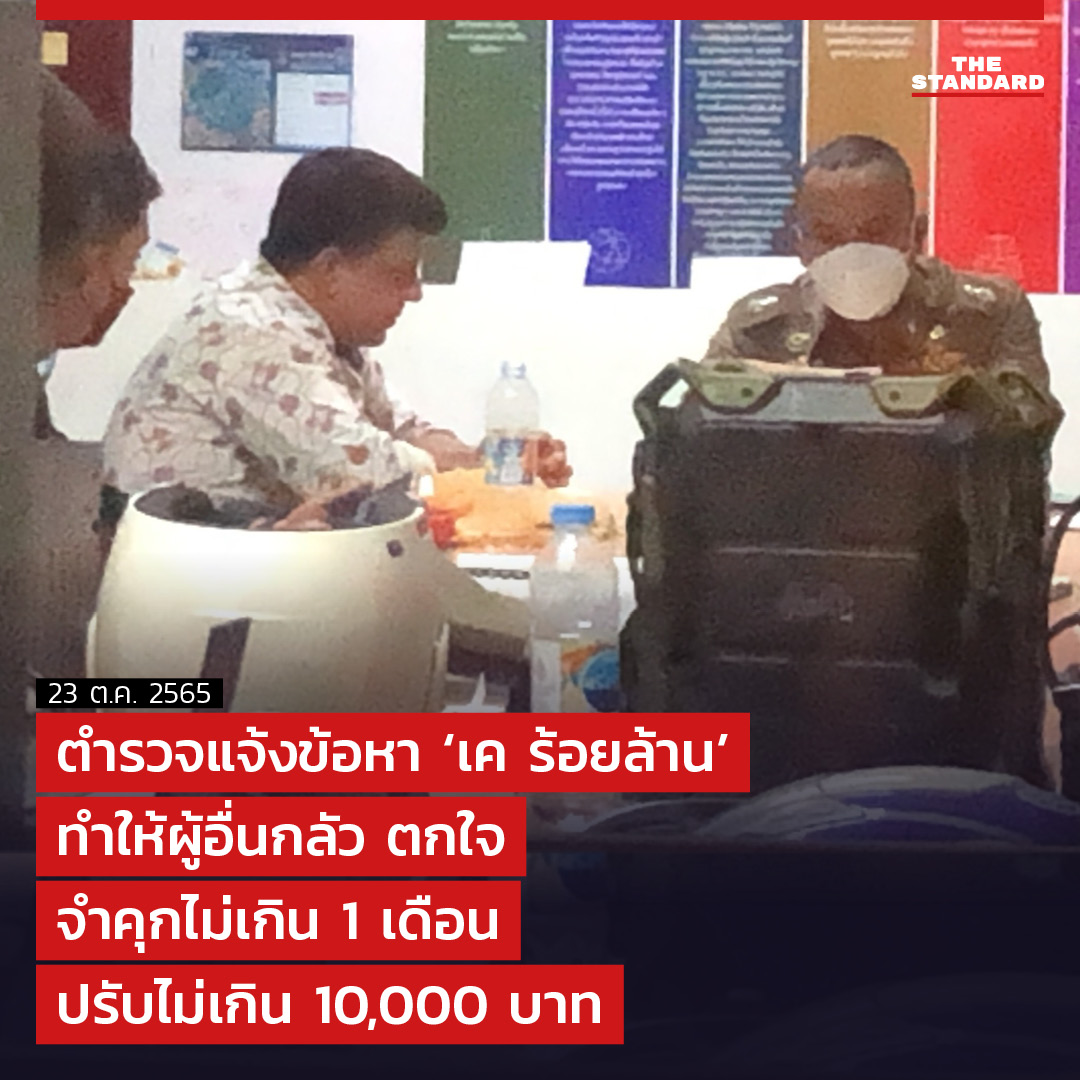 thestandardth's tweet image. ตำรวจแจ้งข้อหา ‘เค ร้อยล้าน’ ทำให้ผู้อื่นเกิดความกลัวหรือความตกใจโดยการขู่เข็ญ ต้องระวางโทษจำคุกไม่เกิน 1 เดือน หรือปรับไม่เกิน 10,000 บาท หรือทั้งจำทั้งปรับ

อ่านต่อ facebook.com/thestandardth/…

#TheStandardNews 
#เคร้อยล้าน #งานหนังสือ