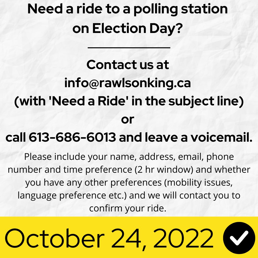 rawlsonking's tweet photo. If you need a ride tomorrow to a polling station in #RideauRockcliffe, just let us know! 🚙🗳 https://t.co/RNEIESvrP9