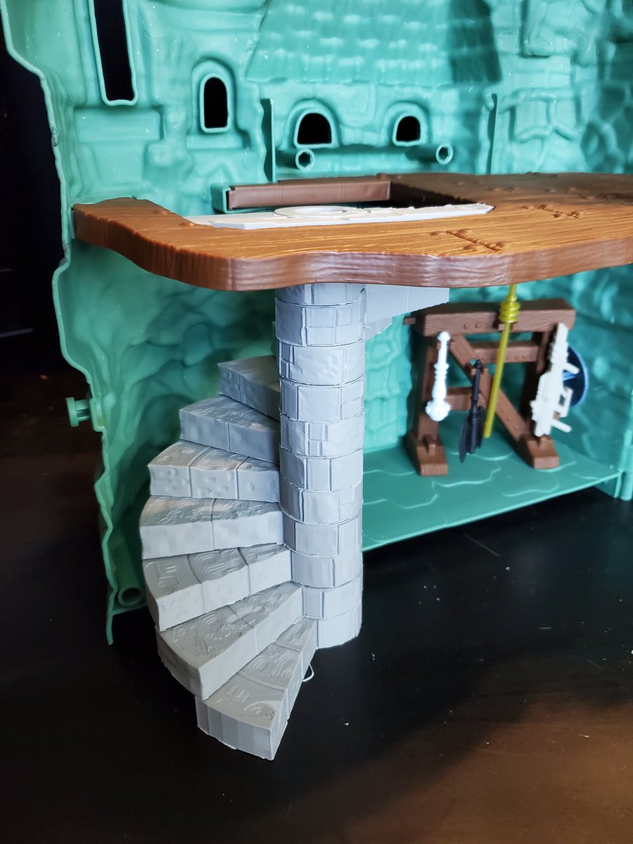DylanBrace's tweet photo. #MastersoftheUniverse #CastleGrayskull staircase complete! I never cared much for the elevator conceptually, so I replaced it. #3Dmodeled and #3Dprinted by me after taking lots of measurements. Ready for painting! https://t.co/TRNO7t1tU5