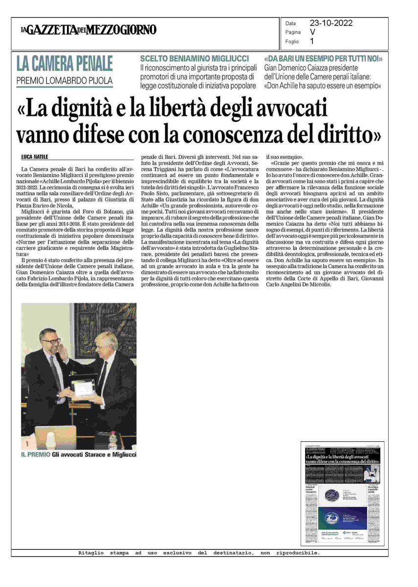 Grazie per questo premio che mi onora e mi commuove. Per affermare la rilevanza della funzione sociale degli avvocati bisogna aprirsi ad un ambito associativo e avere cura dei più giovani.