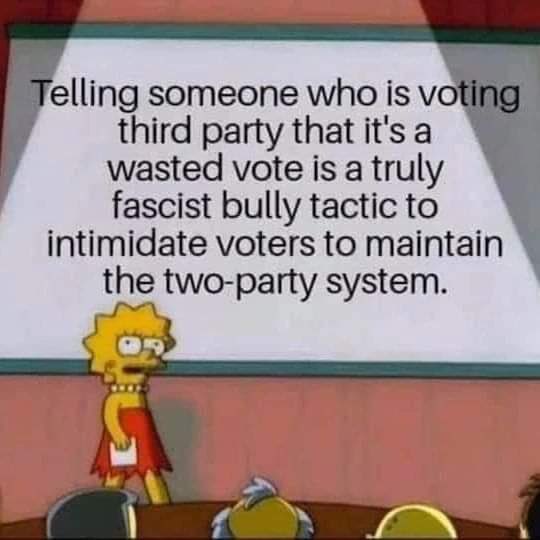 SVcrazycatlady's tweet photo. The duopoly use vote shaming and intimidation to make you think voting Green is a wasted vote.

Voting your values is never a waste. https://t.co/uByRrMopJ8