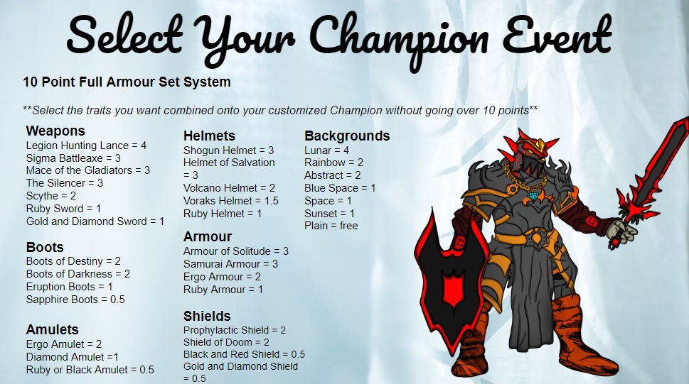 2 HOURS TO GO UNTIL WERE LIVE WITH OUR CUSTOM CHAMPION EVENT!

12pm EST folks!
All traits have been revealed! 
If you forget and want to know how one of them looks like, check our Twitter profile or check the #trait-reveal section in our discord :)
Up on SkyHarbor soon!