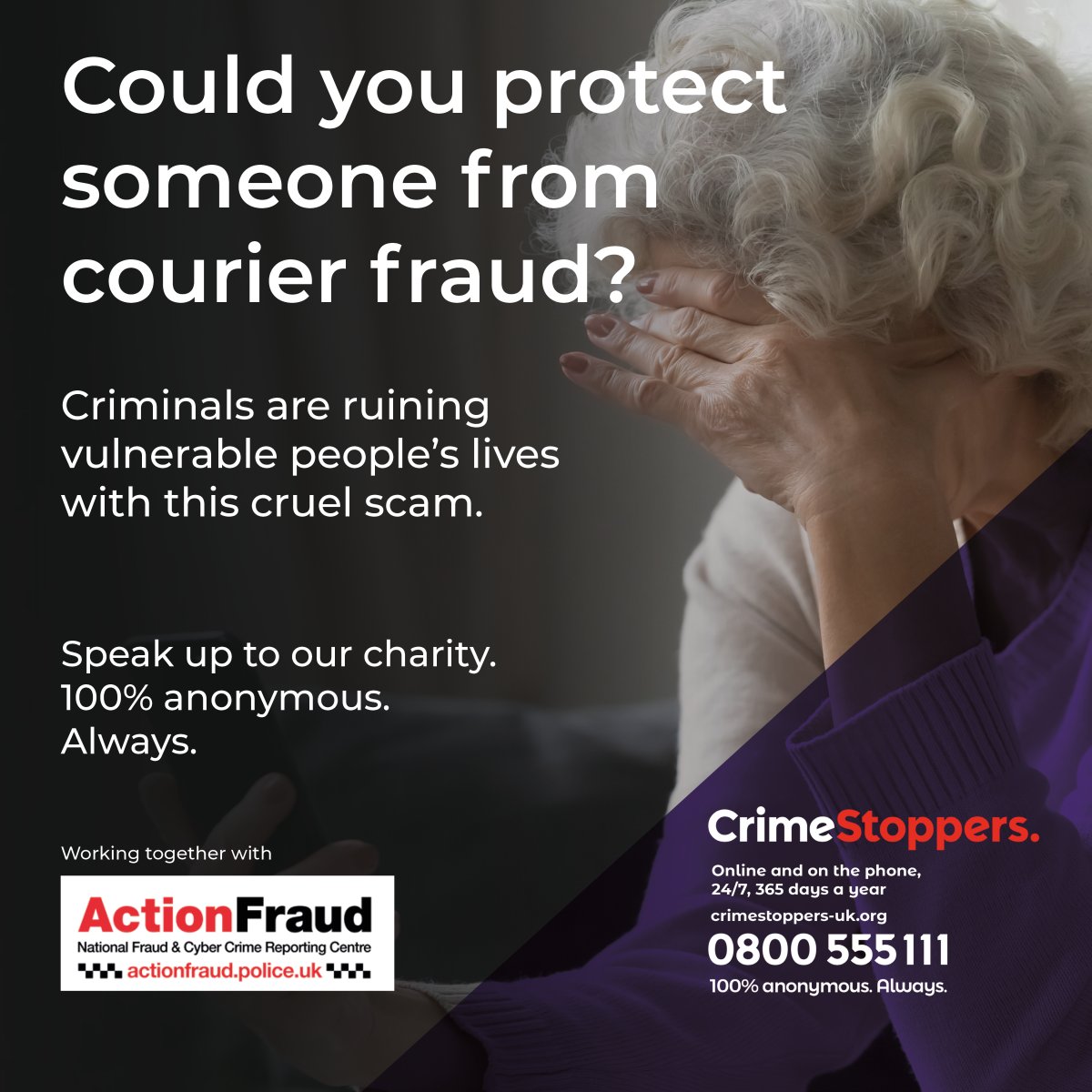 Criminals are ruining
vulnerable people's lives
with this cruel scam.

Speak up to our charity.
100% anonymous.
Always.

#CourierFraud #Crimestoppers #Independent #Charity #WiltsHour #SwindonHour