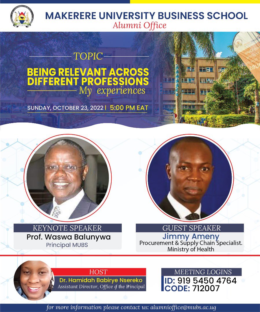 Join the webinar NOW and listen to the @MinofHealthUG Supply Chain and Procurement Specialist, Jimmy Ameny talk about his experience in supply chain management in the health sector and beyond. Meeting Log In Details: 919 5450 4764 Passcode: 712007.