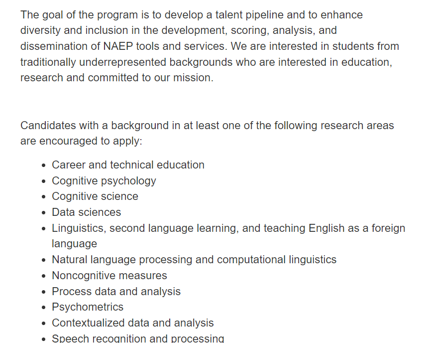 CaraLaitusis's tweet photo. NAEP summer internships are posted for undergraduate and graduate students.  See the below links to apply to work with @ETSresearch staff for the summer. #internship #intern https://t.co/PvtsYbYbpx