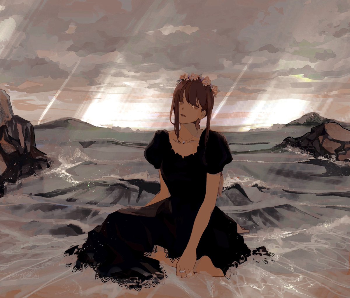 makima (chainsaw man) 1girl solo dress black dress sitting outdoors beach  illustration images