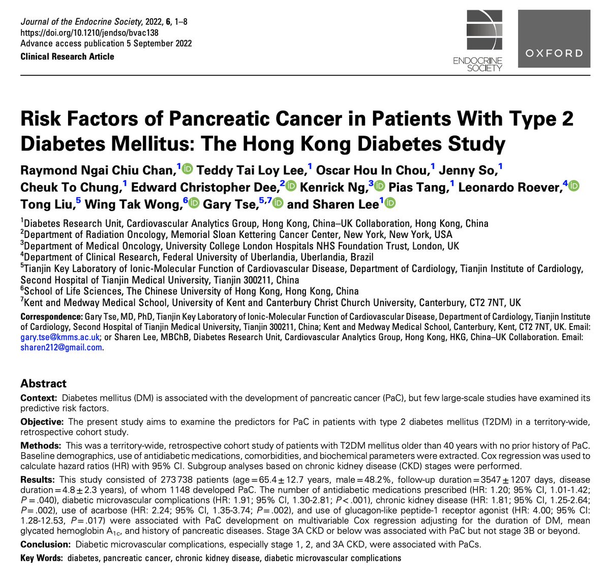 📝 In @EndoSocJournals, led by Raymond Chan @CVAnalytics2015, we report work from the #HongKong Diabetes Study assessing predictors of #pancreas #cancer among #patients with #diabetes 🇭🇰 🙏 @Sharen212 @GaryTse1 @Kenrickng1 @HealthcareAI_UK pubmed.ncbi.nlm.nih.gov/36267596/