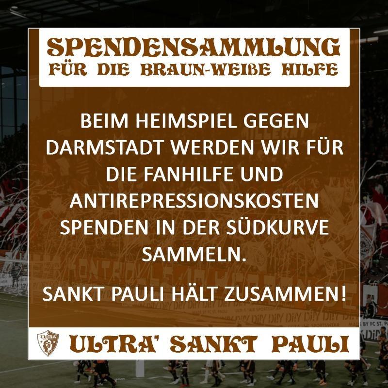 UltraFCSP2002's tweet image. Moin Sankt Pauli Fans,
gerne teilt unseren Spendenaufruf für das Heimspiel gegen Darmstadt. Wir werden Spenden für die @Fanhilfe_FCSP und Antirepressionskosten sammeln.

Sankt Pauli hält zusammen!

#FCSP #Südkurve #FCSPhsv #FCSPsvd