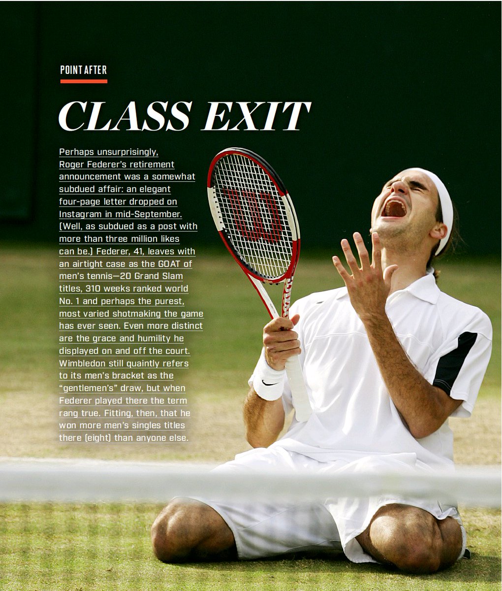 Wimbledon still quaintly refers to its men's bracket as the 'gentle men's' draw, but when #Federer played there the term rang true. Fitting, then, that he won more men's singles titles there (eight) than anyone else. 📖 Sports Illustrated November 2022 Issue