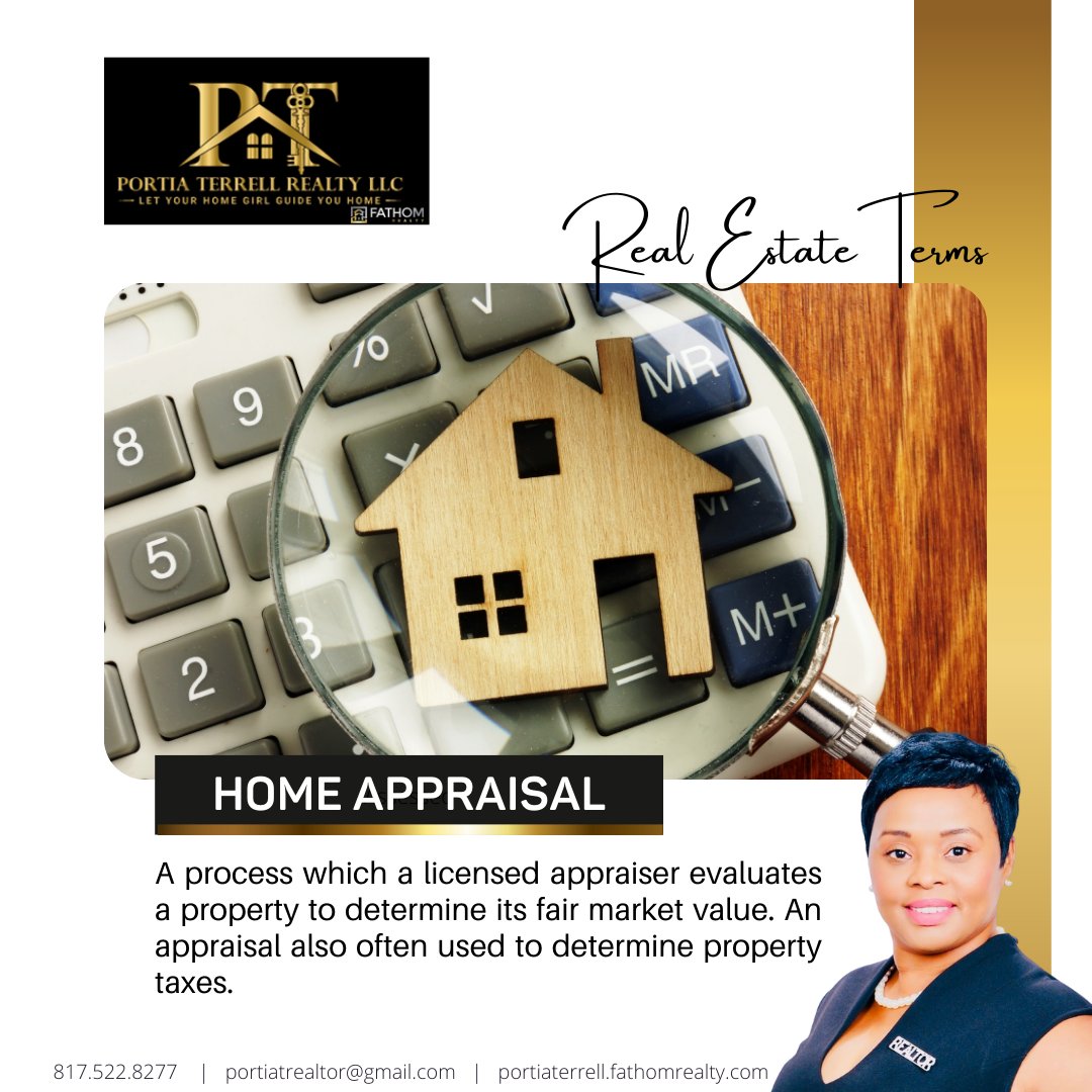 portia_terrell's tweet photo. What is a home appraisal?
 
A home appraisal is a process in which a licensed appraiser evaluates a property to determine its fair market value. An appraisal is often used to determine property taxes.

#FathomRealty   #buywithportiat #sellwithportiat #dfwrealtor #realestateterm https://t.co/ltnahsdOV8